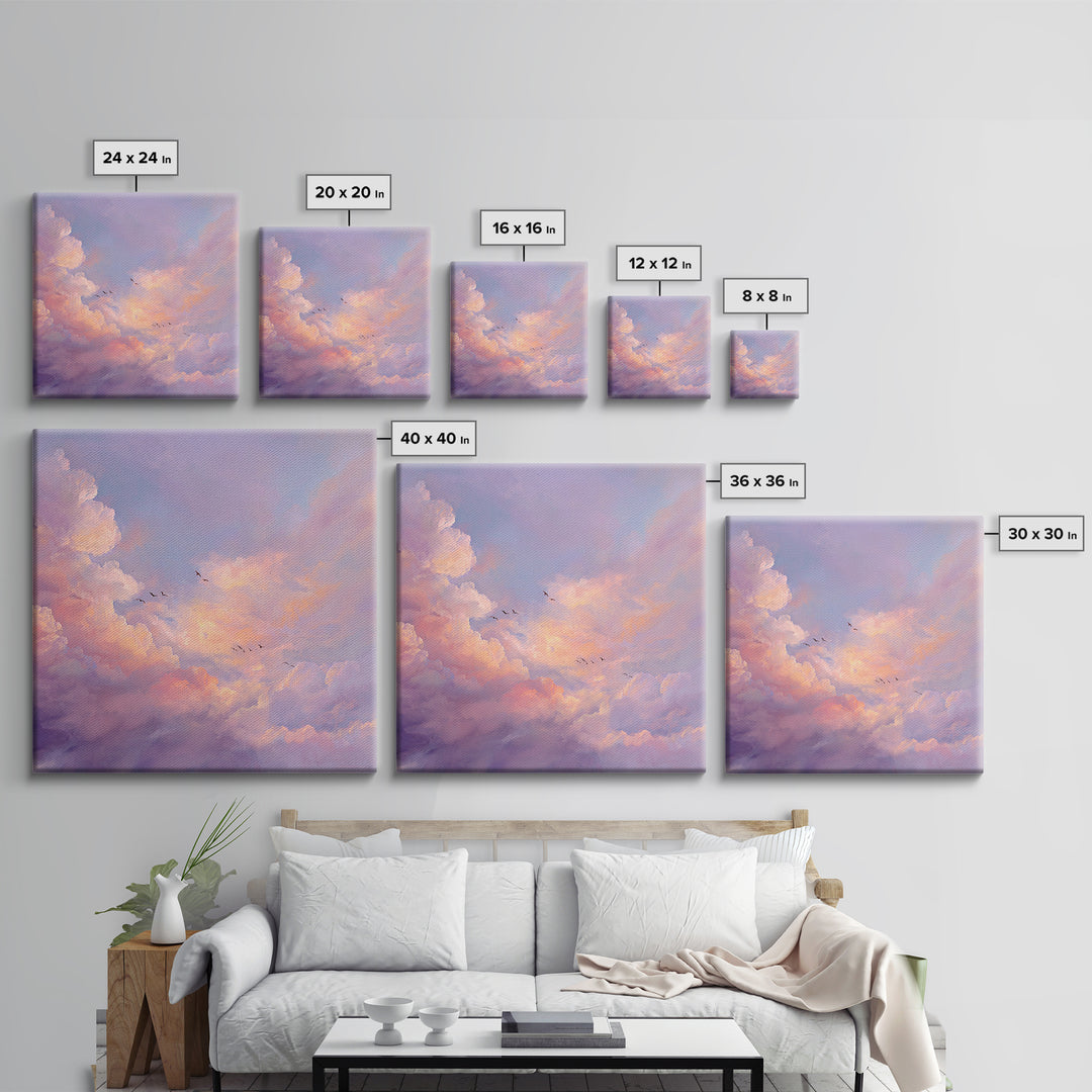 Blush Pink Cloudscape With Birds Framed Canvas Print, Pastel Sky Wall Art For Nursery Decor And Calming Bedroom Decor Gift