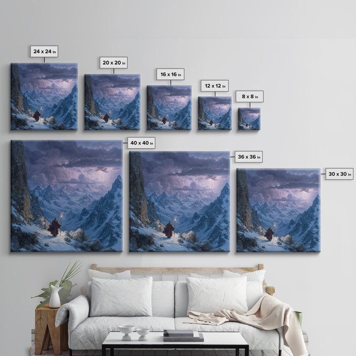 Wizard On Stormy Mountain Pass Wall Art, Fantasy Landscape Painting, Moody Alpine Adventure Decor, Large Living Room Art