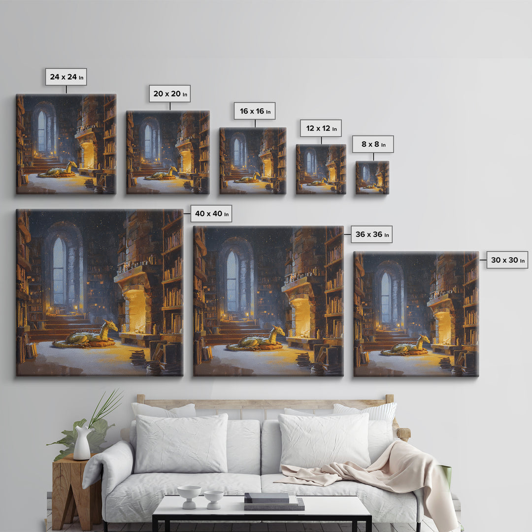 Sleeping Dragon In Magical Library Framed Canvas Print, Fantasy Bookish Wall Art, Cozy Reading Nook Decor Gift For Readers