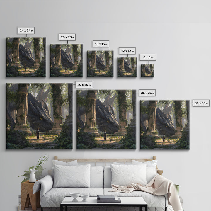 Giant Dragon In Overgrown Ruins Canvas Print, Fantasy Adventure Wall Art, Mythical Creature Decor, Kids Room Decor Gift Idea