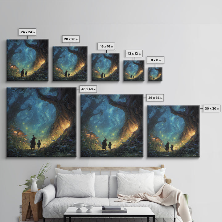 Wizard And Child In Enchanted Forest Wall Art, Whimsical Fantasy Painting, Mushroom Woodland Decor, Magical Kids Room Art
