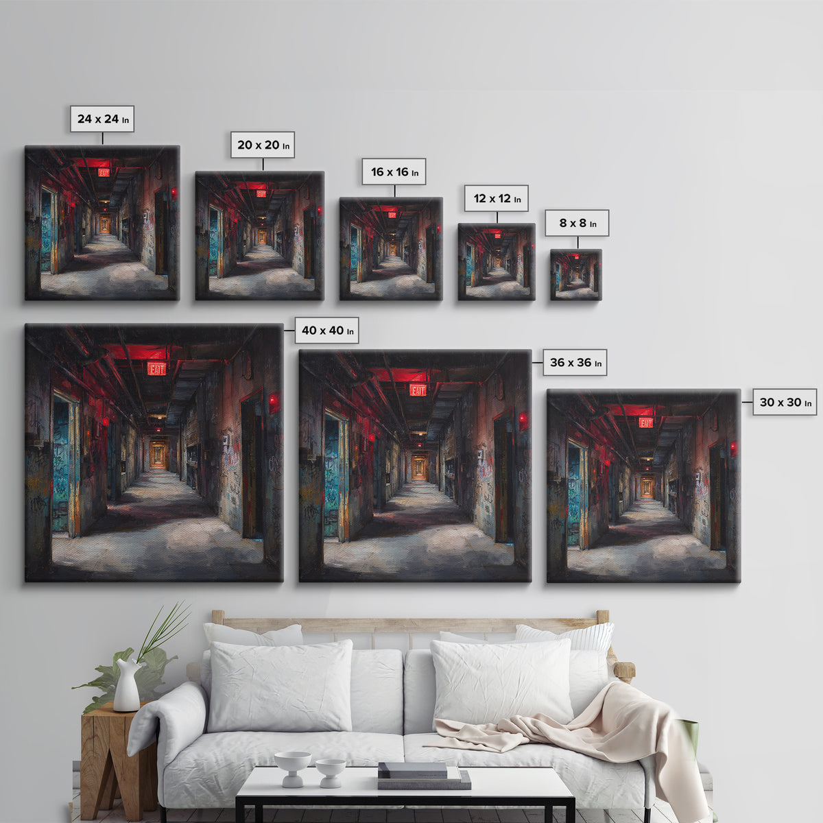 Dark Abandoned Corridor Wall Art, Moody Urban Exploration Painting, Industrial Gothic Decor, Graffiti Hallway Office Art
