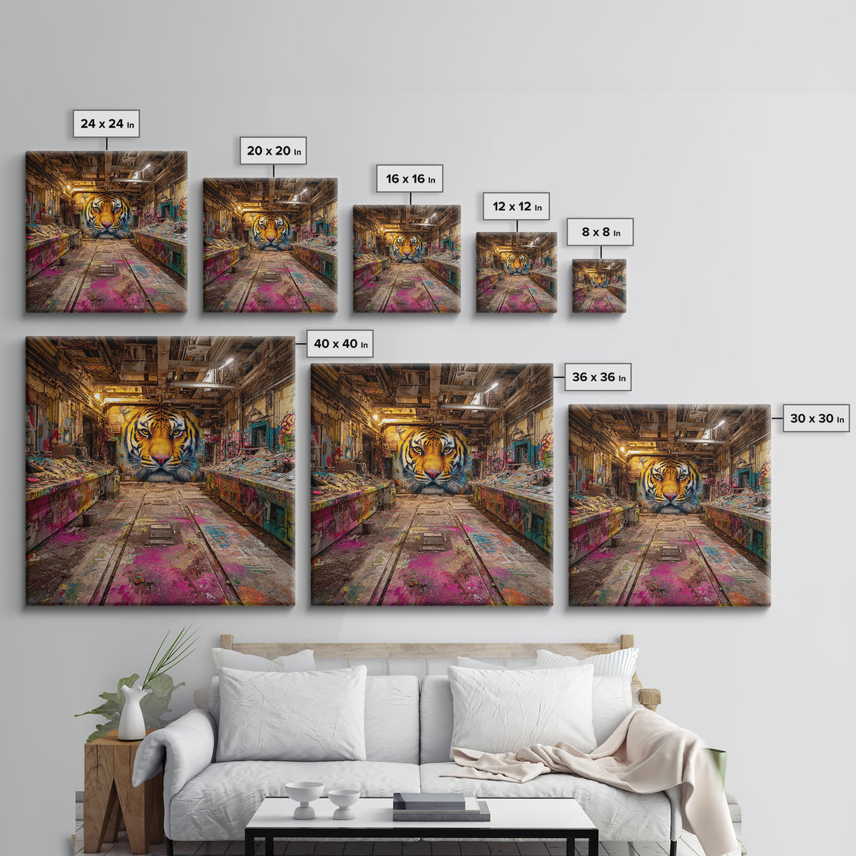 Tiger Graffiti Mural In Abandoned Factory Canvas Print, Urban Street Art, Wildlife Wall Art, Bold Industrial Loft Decor Gift