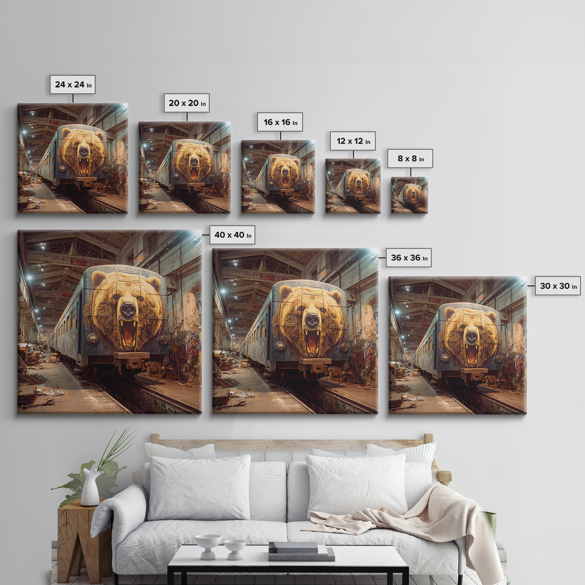 Roaring Bear Train Mural Canvas Print, Urban Graffiti Wall Art, Industrial Decor, Wildlife Art, Statement Artwork, Man Cave Decor