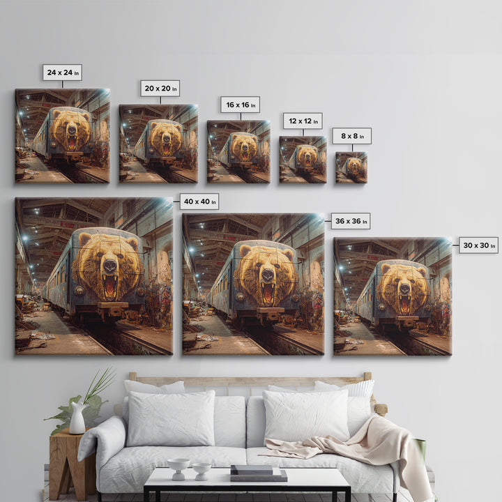 Roaring Bear Train Mural Canvas Print, Urban Graffiti Wall Art, Industrial Decor, Wildlife Art, Statement Artwork, Man Cave Decor