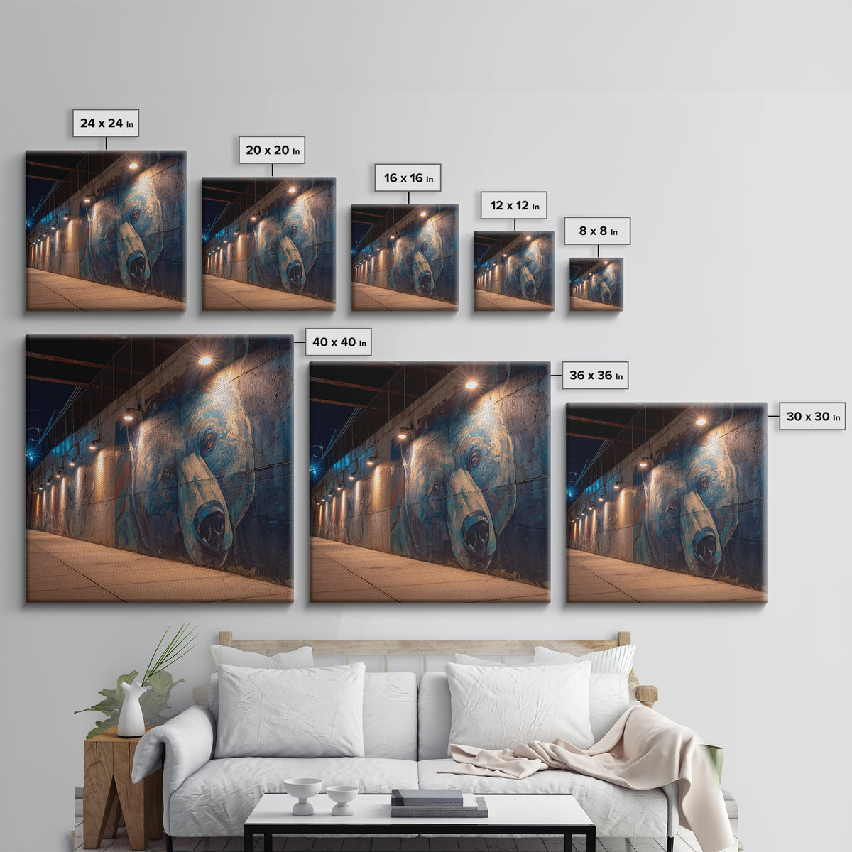 Blue Bear Street Mural Canvas Print, Urban Graffiti Wall Art, Moody City Decor, Wildlife Art, Modern Wall Decor, Night Photography