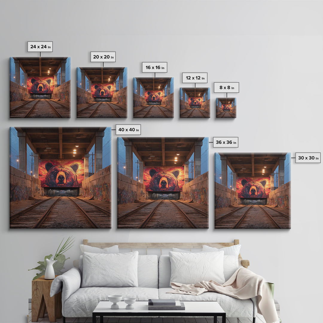 Sunset Bear Railroad Mural Framed Canvas Print, Urban Graffiti Wall Art, Industrial Decor, Wildlife Statement Art, Man Cave Decor