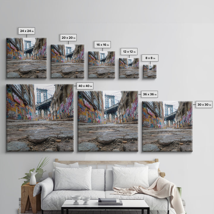 Cobblestone Alley And Bridge Wall Art, Urban Graffiti Photography Print, New York City Decor, Industrial Wall Decor, Travel Poster