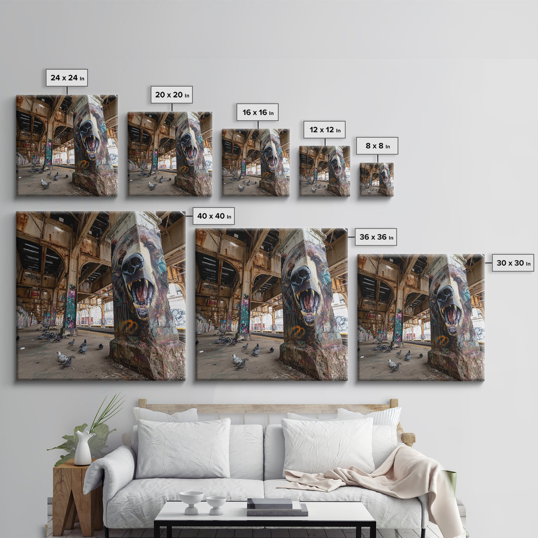 Roaring Bear Pillar Mural Canvas Print, Urban Graffiti Wall Art, Industrial Decor, Wildlife Art, Bold Animal Decor, Man Cave Decor