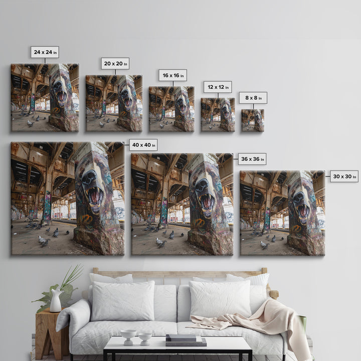 Roaring Bear Pillar Mural Canvas Print, Urban Graffiti Wall Art, Industrial Decor, Wildlife Art, Bold Animal Decor, Man Cave Decor