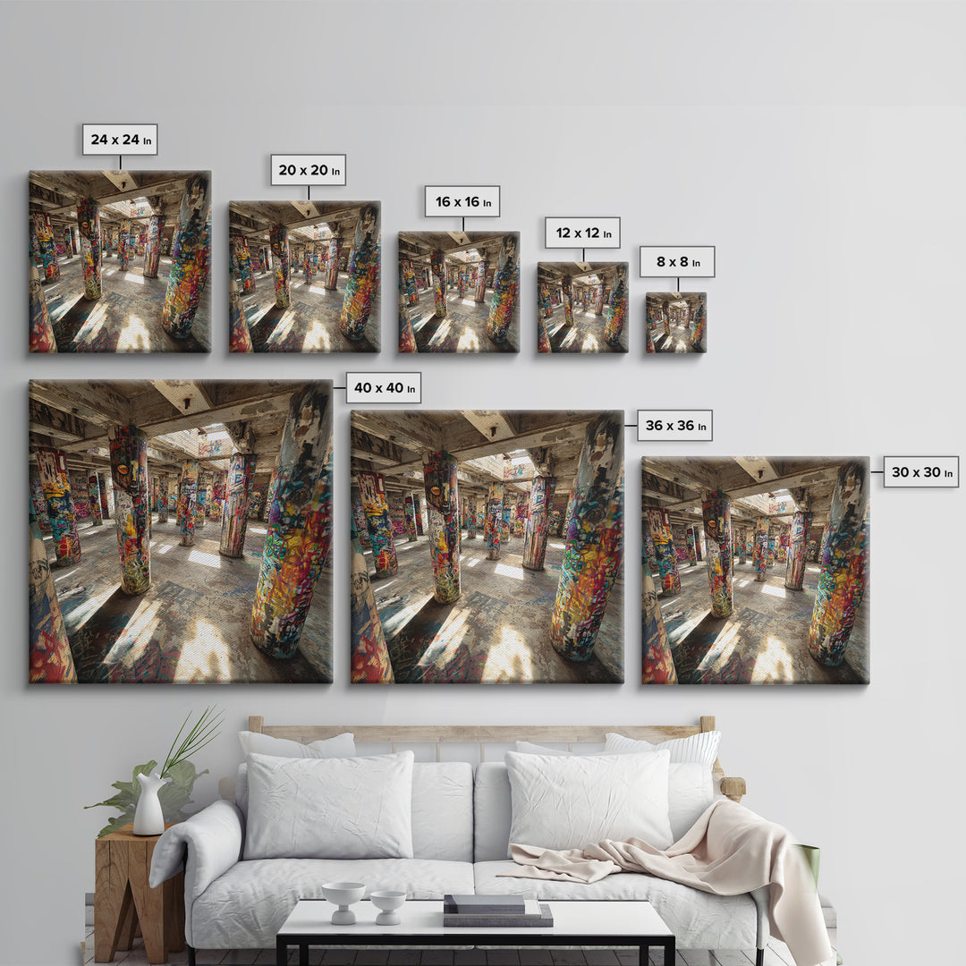 Graffiti Covered Concrete Pillars Canvas Print, Abandoned Warehouse Street Art, Industrial Loft Wall Decor, Urban Home Decor