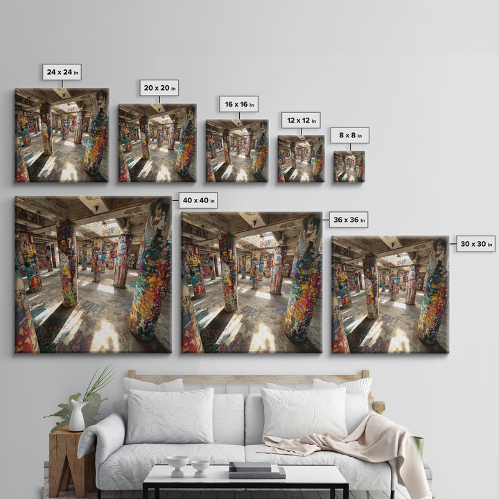 Graffiti Covered Concrete Pillars Canvas Print, Abandoned Warehouse Street Art, Industrial Loft Wall Decor, Urban Home Decor
