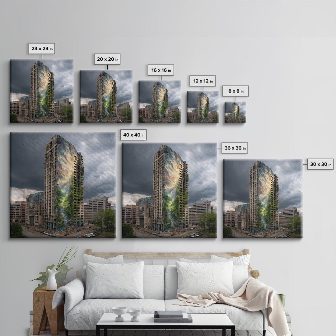 Stormy City Tower With Nature Mural Canvas Print, Urban Architecture Wall Art, Surreal Street Art, Modern Office Decor For Loft