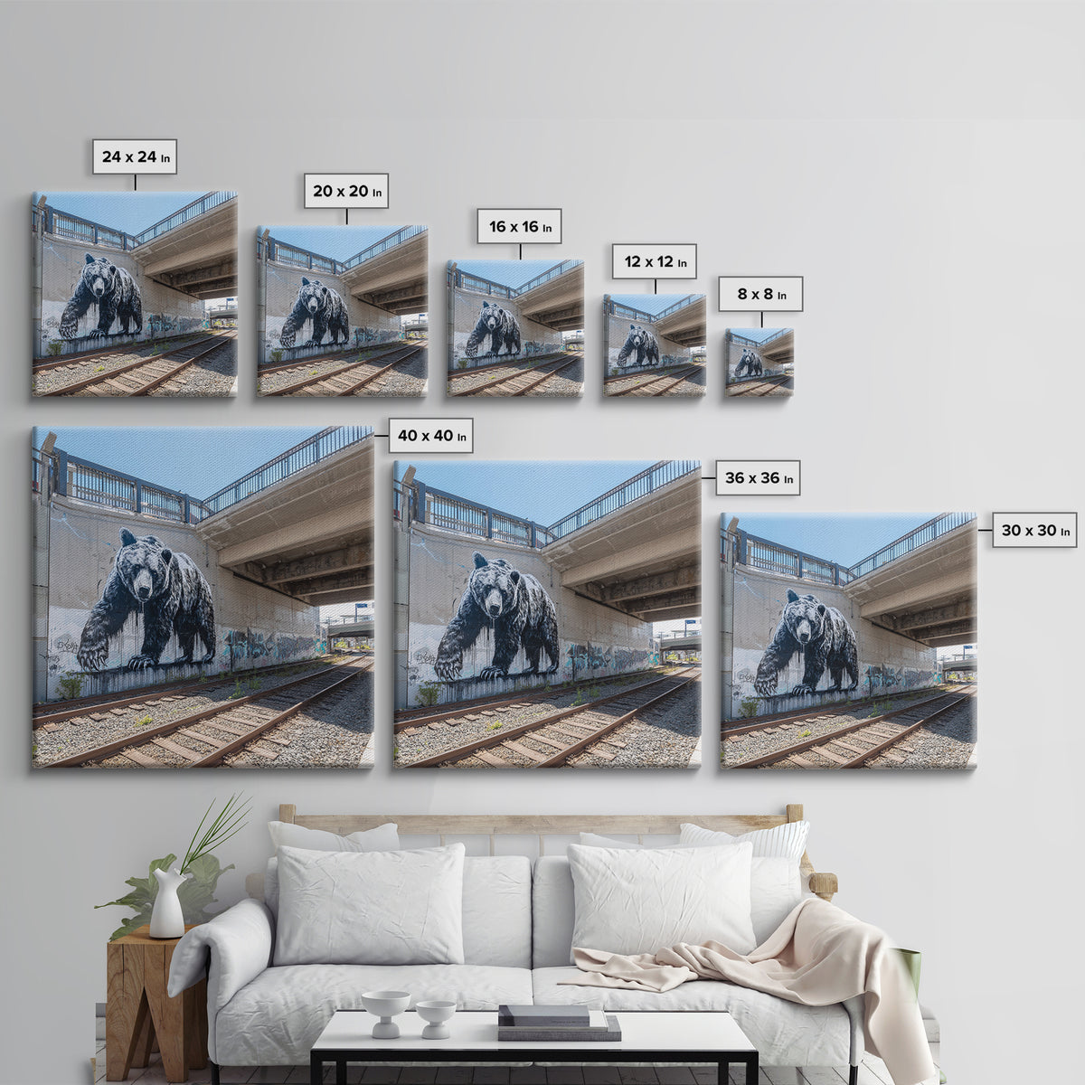 Black Bear Graffiti Mural By Train Tracks Canvas Print, Urban Wildlife Wall Art, Industrial Street Art Decor For Modern Loft