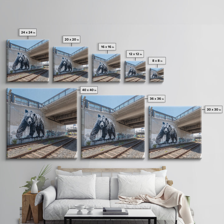 Black Bear Graffiti Mural By Train Tracks Canvas Print, Urban Wildlife Wall Art, Industrial Street Art Decor For Modern Loft