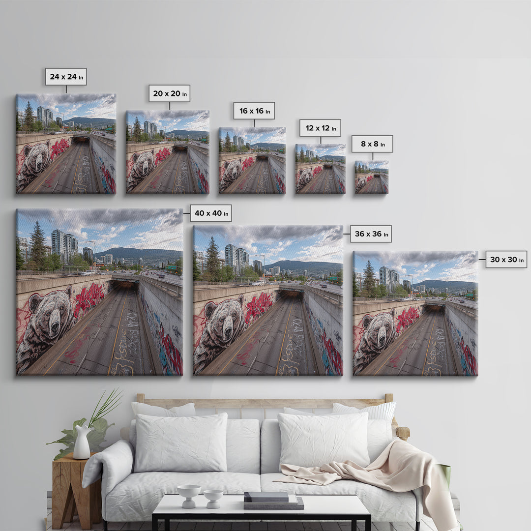 Bear Mural Highway Underpass Cityscape Wall Art, Urban Wildlife Print, Mountain Landscape Decor, Graffiti Street Photography