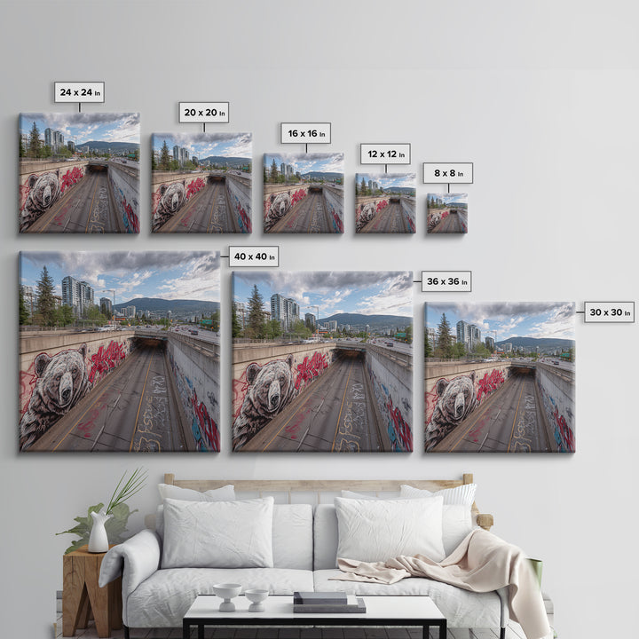 Bear Mural Highway Underpass Cityscape Wall Art, Urban Wildlife Print, Mountain Landscape Decor, Graffiti Street Photography