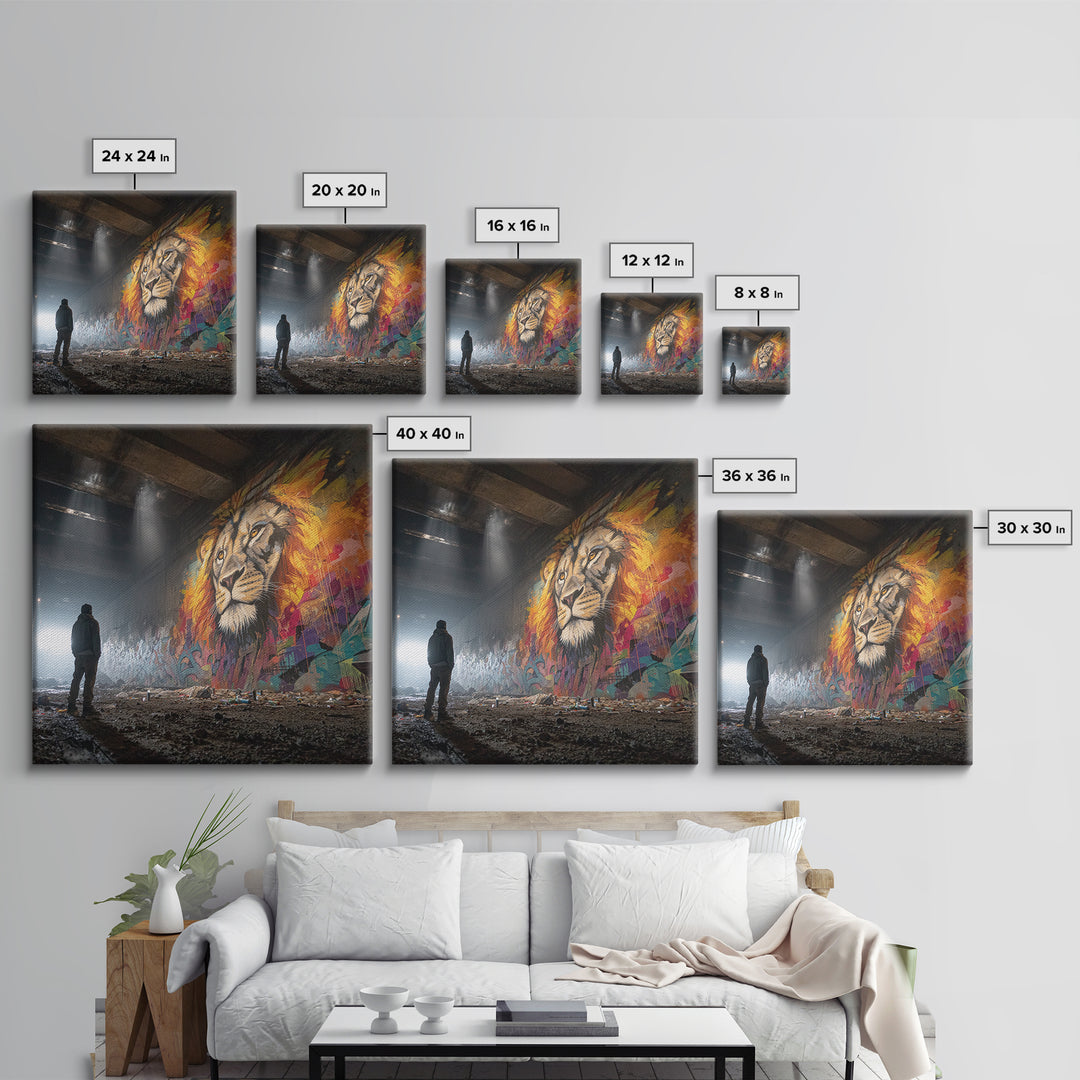 Underground Lion Mural In Shadowed Tunnel Framed Canvas Print, Urban Wildlife Wall Art, Graffiti Decor, Moody Street Photography
