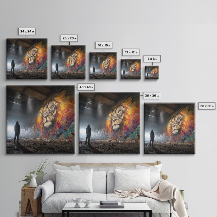 Underground Lion Mural In Shadowed Tunnel Framed Canvas Print, Urban Wildlife Wall Art, Graffiti Decor, Moody Street Photography