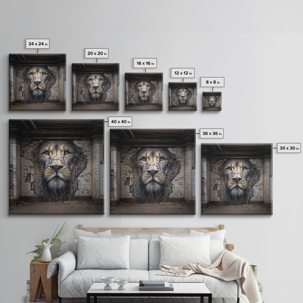 Cracked Wall Lion Portrait Graffiti Wall Art, Abandoned Subway Mural Print, Urban Wildlife Decor, Moody Animal Art For Home