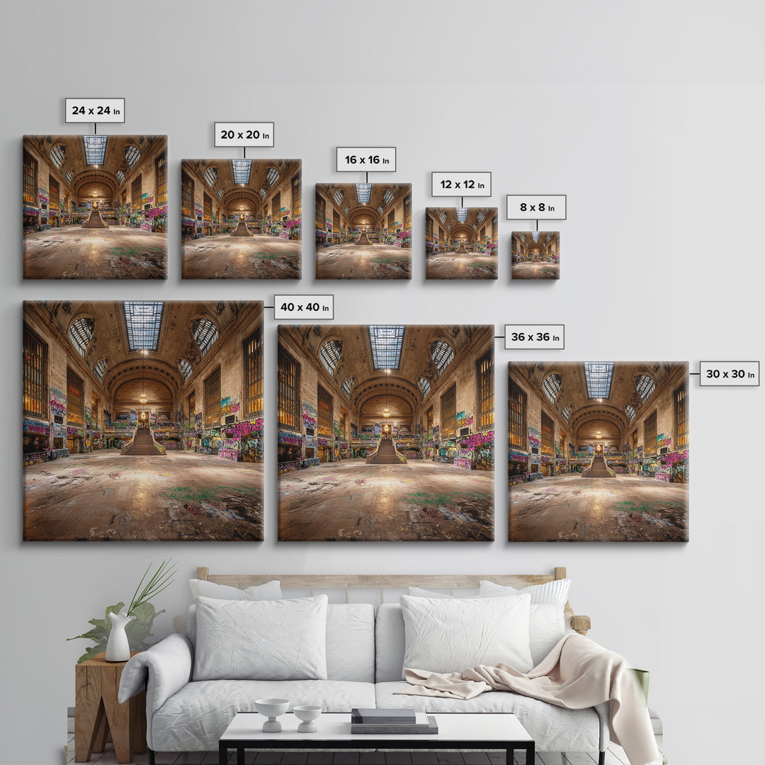 Abandoned Grand Hall Graffiti Framed Canvas Print, Urban Street Art, Industrial Wall Decor, Large Statement Artwork, Modern Home Decor