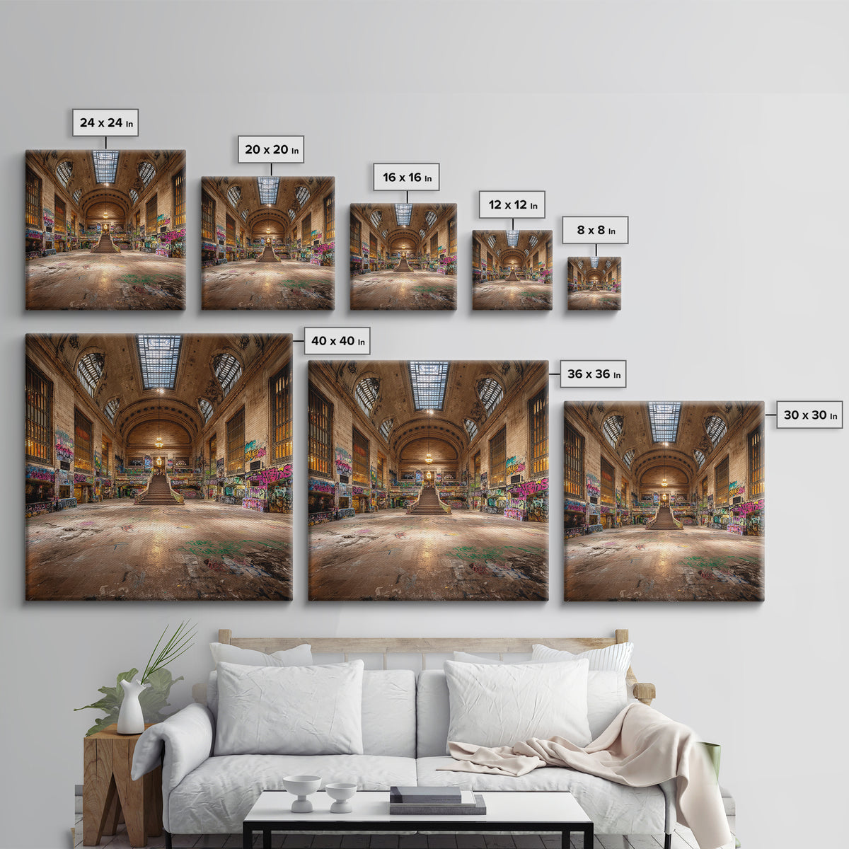 Abandoned Grand Hall Graffiti Framed Canvas Print, Urban Street Art, Industrial Wall Decor, Large Statement Artwork, Modern Home Decor