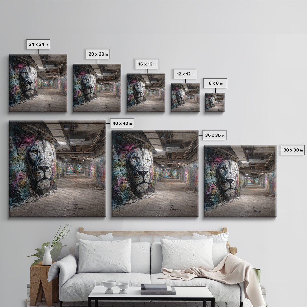 White Lion Graffiti Tunnel Wall Art, Urban Street Art Canvas Print, Wildlife Mural Decor, Industrial Loft Statement Art Gift