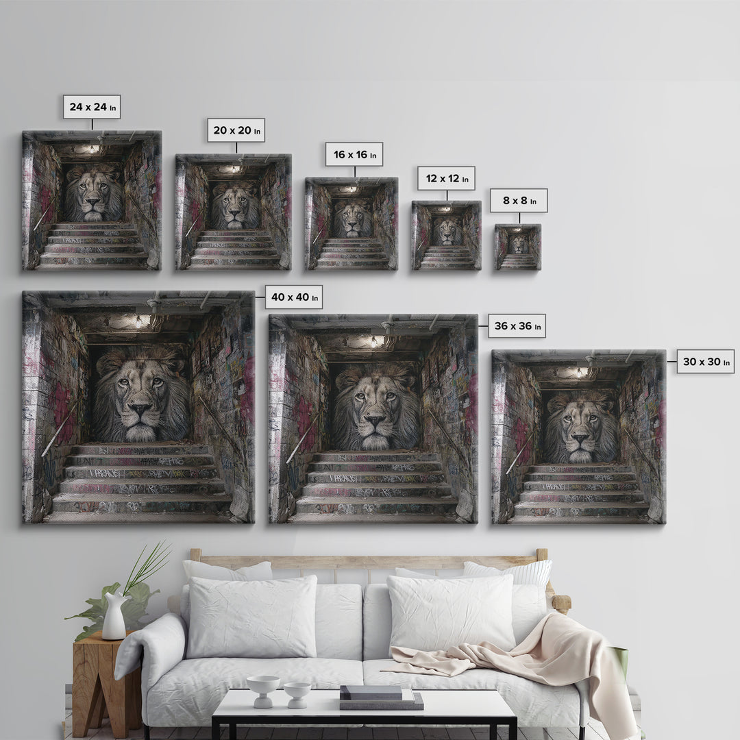 Realistic Lion Stairwell Wall Art, Urban Graffiti Mural Canvas Print, Street Art Decor, Bold Animal Office Poster For Men