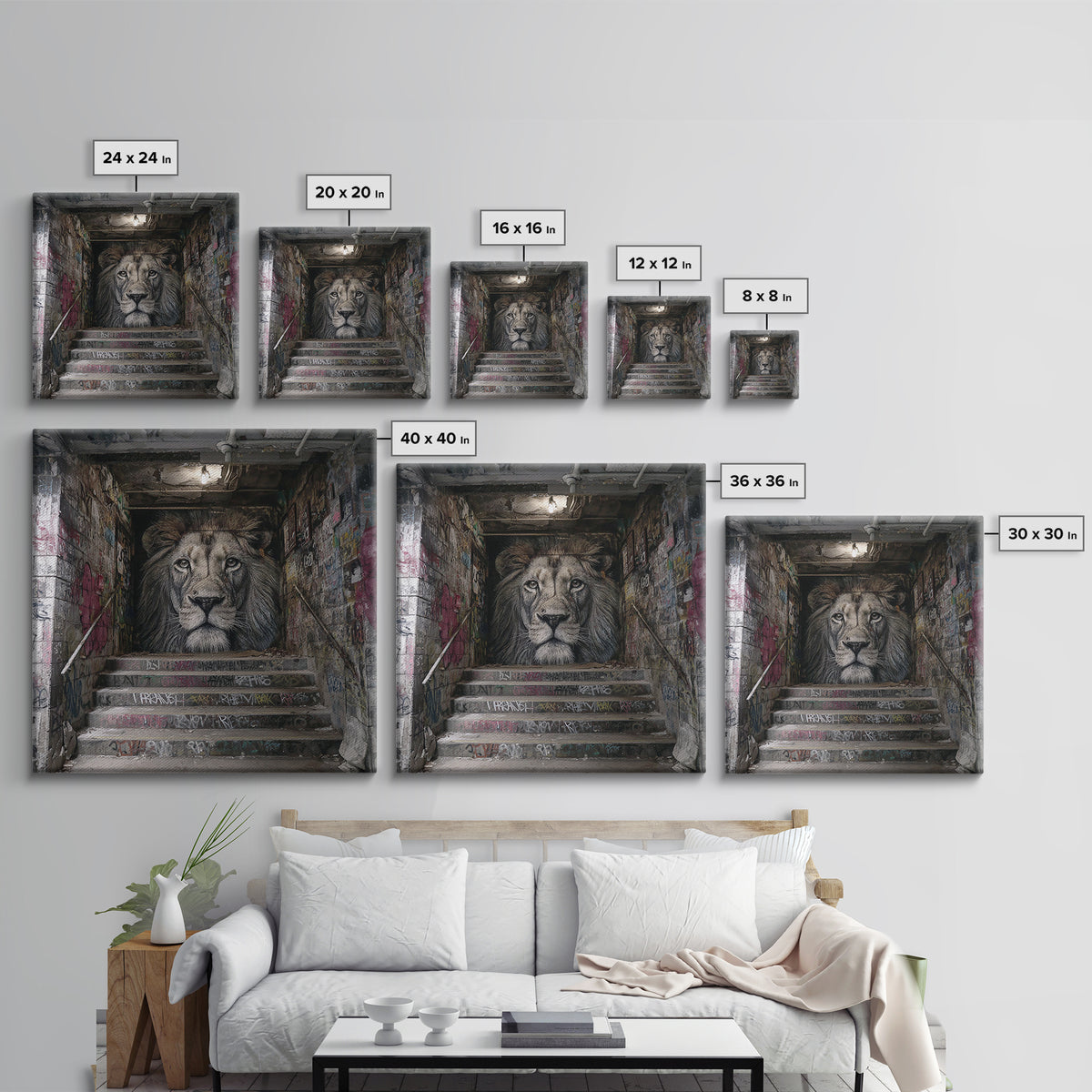 Realistic Lion Stairwell Wall Art, Urban Graffiti Mural Canvas Print, Street Art Decor, Bold Animal Office Poster For Men