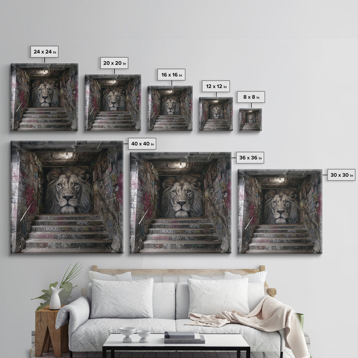 Realistic Lion Stairwell Wall Art, Urban Graffiti Mural Canvas Print, Street Art Decor, Bold Animal Office Poster For Men