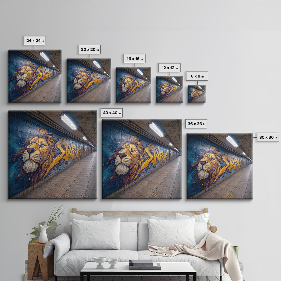 Lion Graffiti Subway Mural Large Wall Art, Urban Street Art Print, Bold Animal Canvas, Modern Decor, Man Cave Gift For Him
