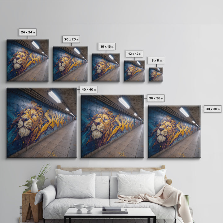 Lion Graffiti Subway Mural Large Wall Art, Urban Street Art Print, Bold Animal Canvas, Modern Decor, Man Cave Gift For Him