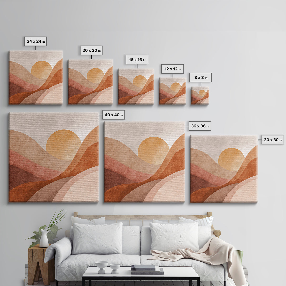 Terracotta Sun Over Abstract Hills Framed Canvas Print, Earth Tone Wall Art For Modern Home Decor And Living Room Wall Decor