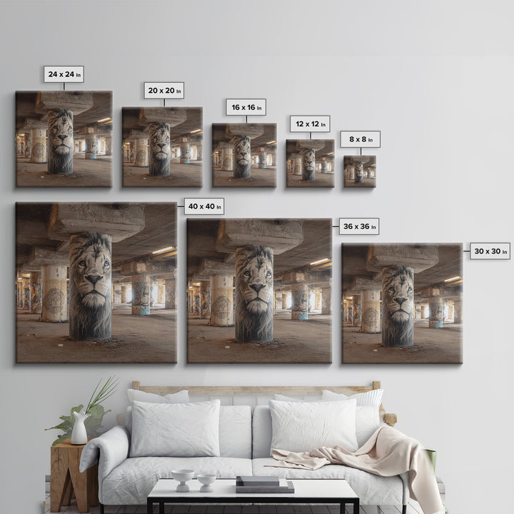 Realistic Lion Portrait On Concrete Pillar Wall Art, Urban Wildlife Canvas Print, Graffiti Decor For Office And Man Cave