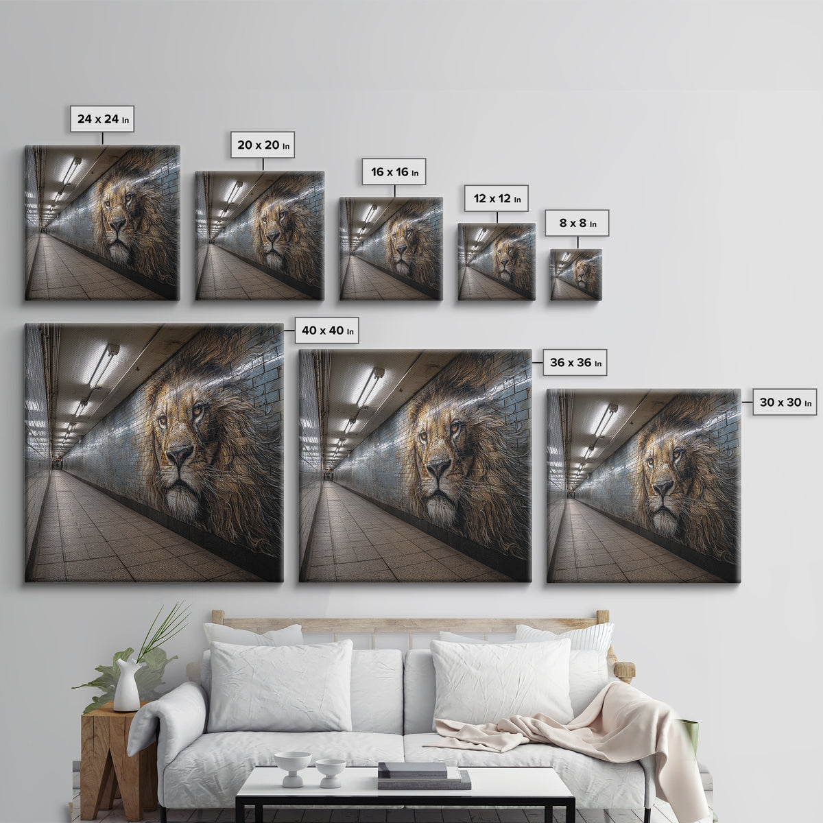 Majestic Lion Mural In Subway Tunnel Wall Art, Urban Street Art Print, Animal Wall Decor, Masculine Office Decor Gift Idea