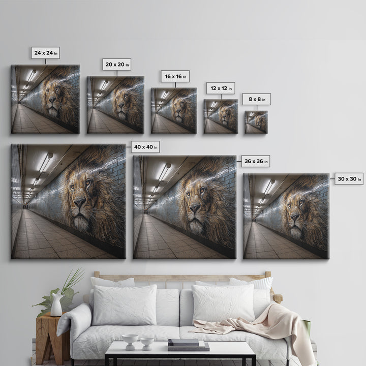 Majestic Lion Mural In Subway Tunnel Wall Art, Urban Street Art Print, Animal Wall Decor, Masculine Office Decor Gift Idea