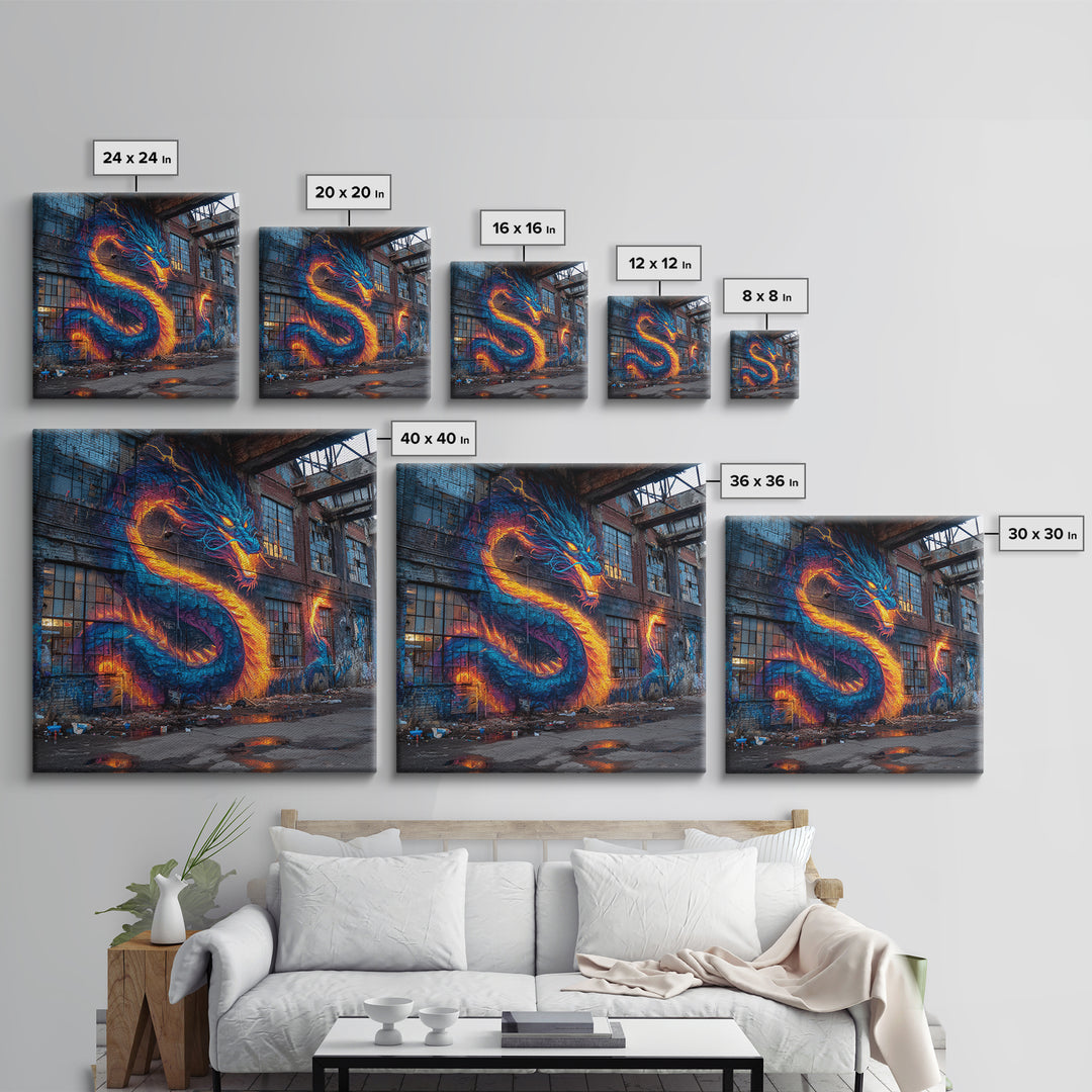 Neon Dragon Graffiti On Abandoned Brick Wall Art, Cyberpunk Street Art Canvas Print, Bold Urban Home Decor Gift For Gamer Room