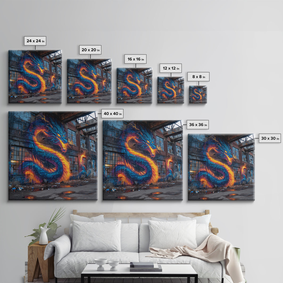 Neon Dragon Graffiti On Abandoned Brick Wall Art, Cyberpunk Street Art Canvas Print, Bold Urban Home Decor Gift For Gamer Room