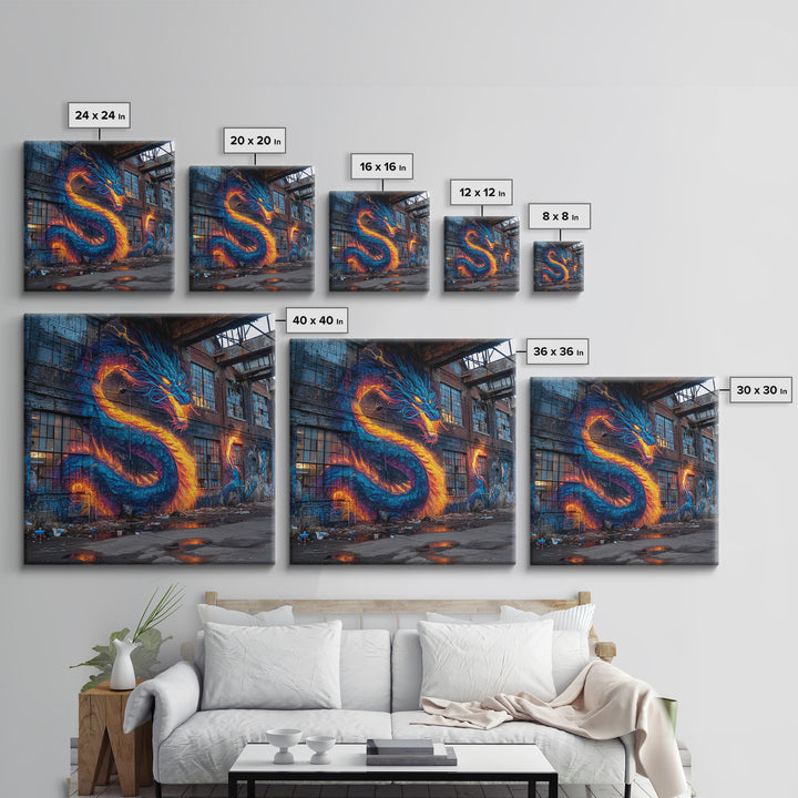 Neon Dragon Graffiti On Abandoned Brick Wall Art, Cyberpunk Street Art Canvas Print, Bold Urban Home Decor Gift For Gamer Room