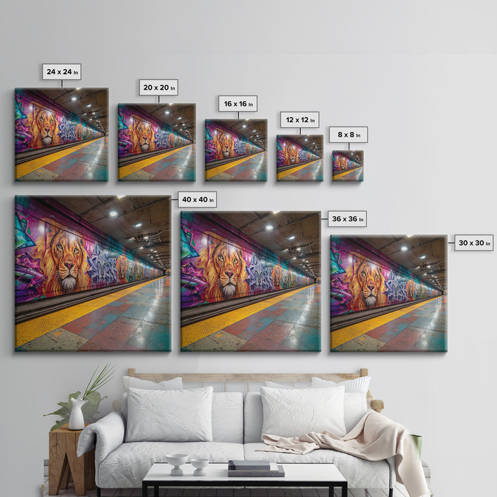 Vivid Lion Graffiti Subway Platform Canvas Print, Urban Street Art For Gaming Room Decor And Bold Modern Home Decor Wall Decor