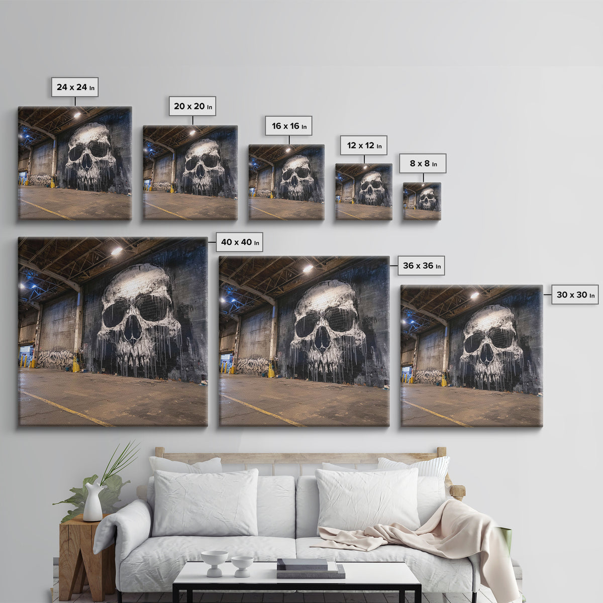 Giant Skull Mural Wall Art, Black And White Graffiti Canvas Print, Gothic Decor, Industrial Loft Poster, Edgy Wall Decor