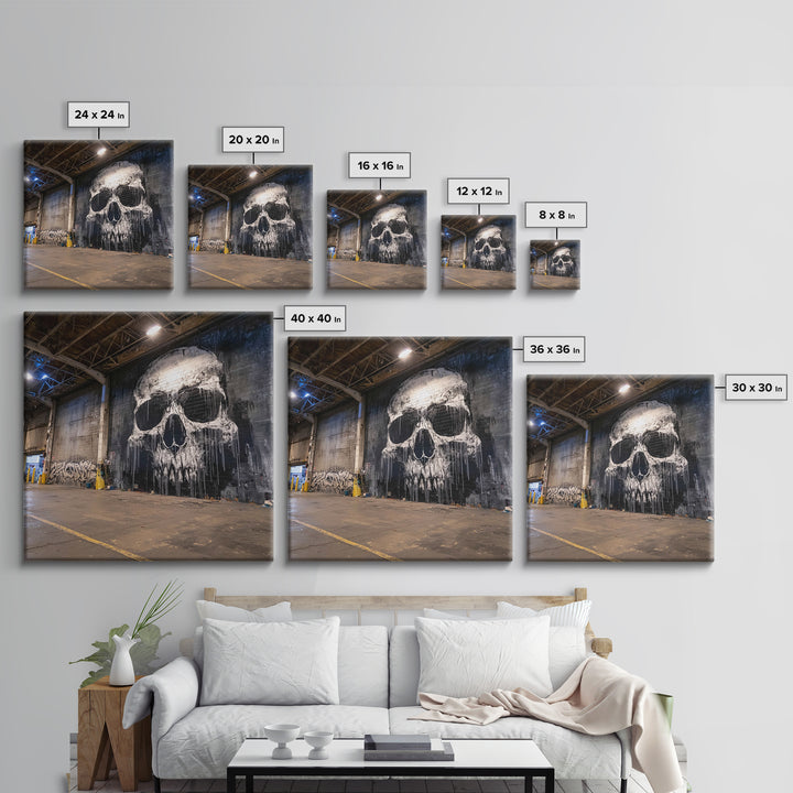 Giant Skull Mural Wall Art, Black And White Graffiti Canvas Print, Gothic Decor, Industrial Loft Poster, Edgy Wall Decor