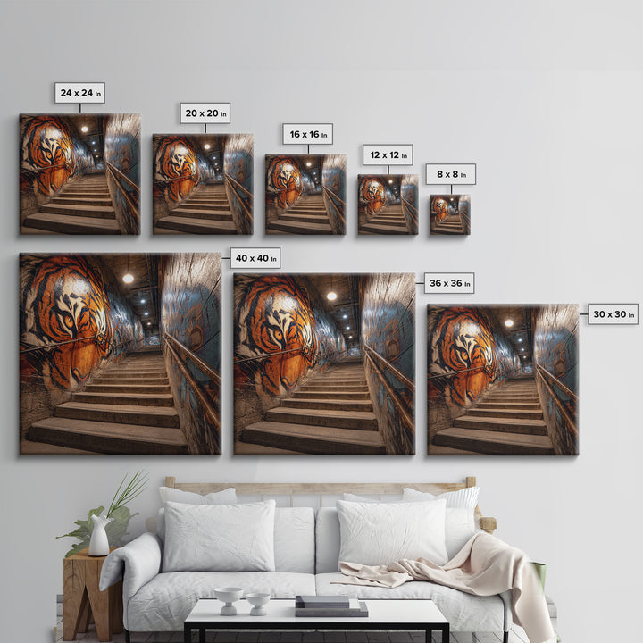 Roaring Tiger Graffiti Stairwell Wall Art, Urban Street Art Print, Industrial Decor, Bold Animal Wall Decor, Modern Home Decor