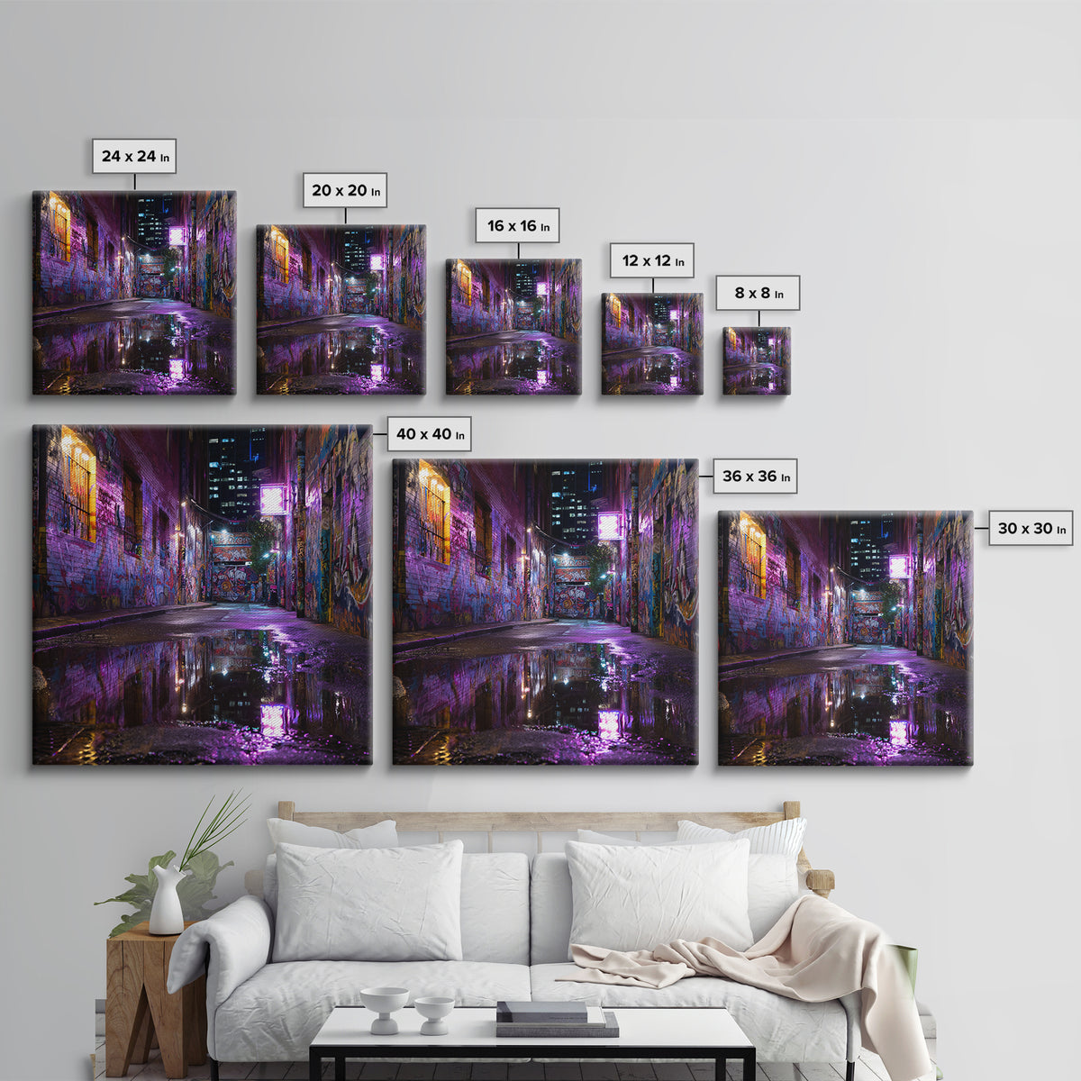 Neon Graffiti Alley Reflections Wall Art, Urban Street Canvas Print, City Night Decor, Edgy Contemporary Office Art Gift