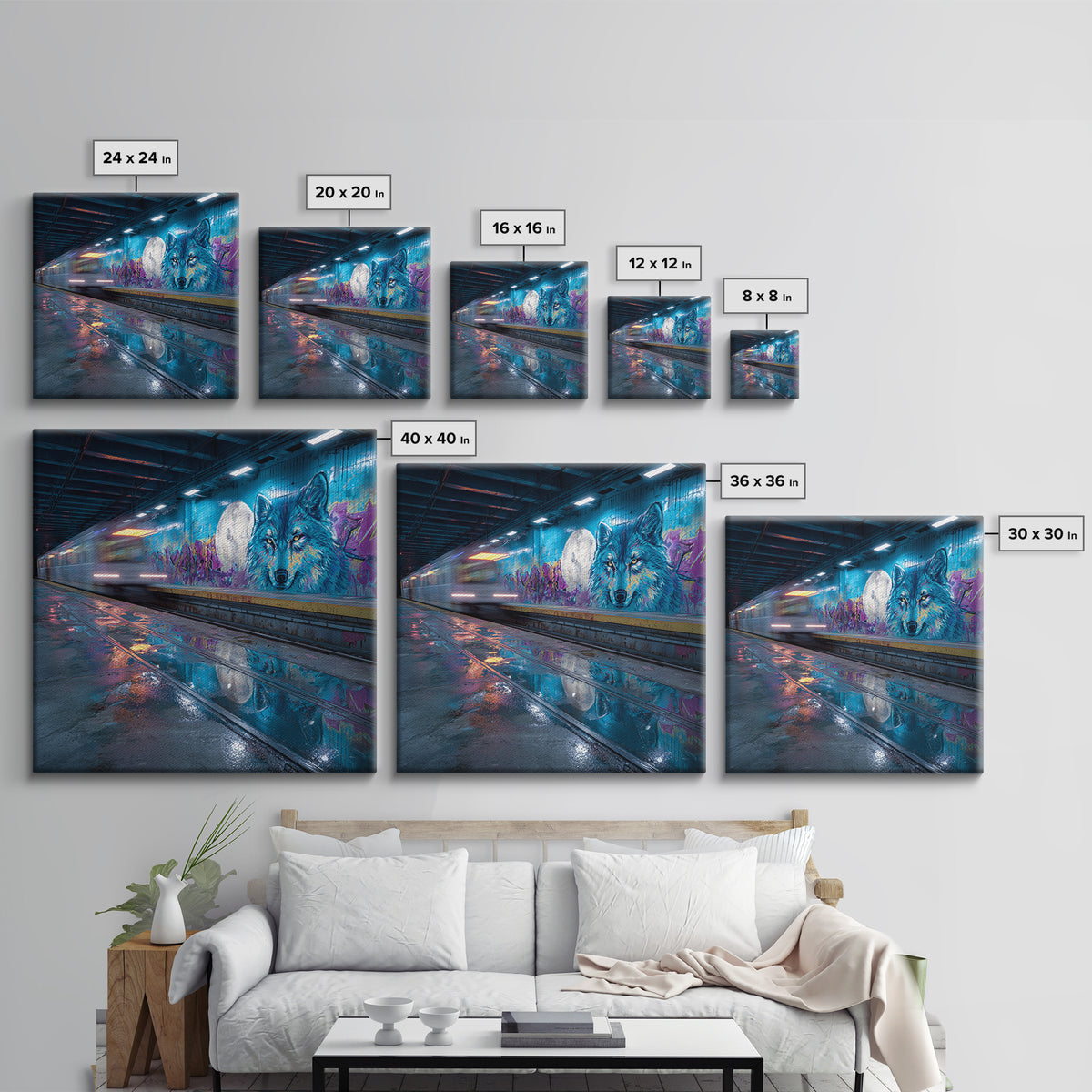 Neon Subway Wolf Graffiti Wall Art, Urban Street Art Canvas Print, Cyberpunk Decor, Gaming Room Poster, Gift For Him, Modern Wall Decor