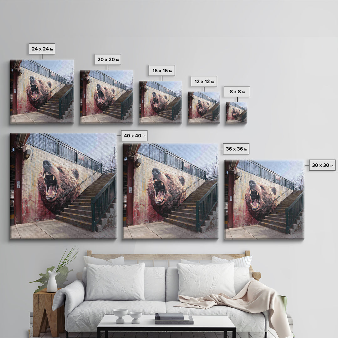 Roaring Bear Urban Stairway Mural Wall Art, Graffiti Canvas Print, Wildlife Decor, Street Art Gift For Animal Lover, Home Decor