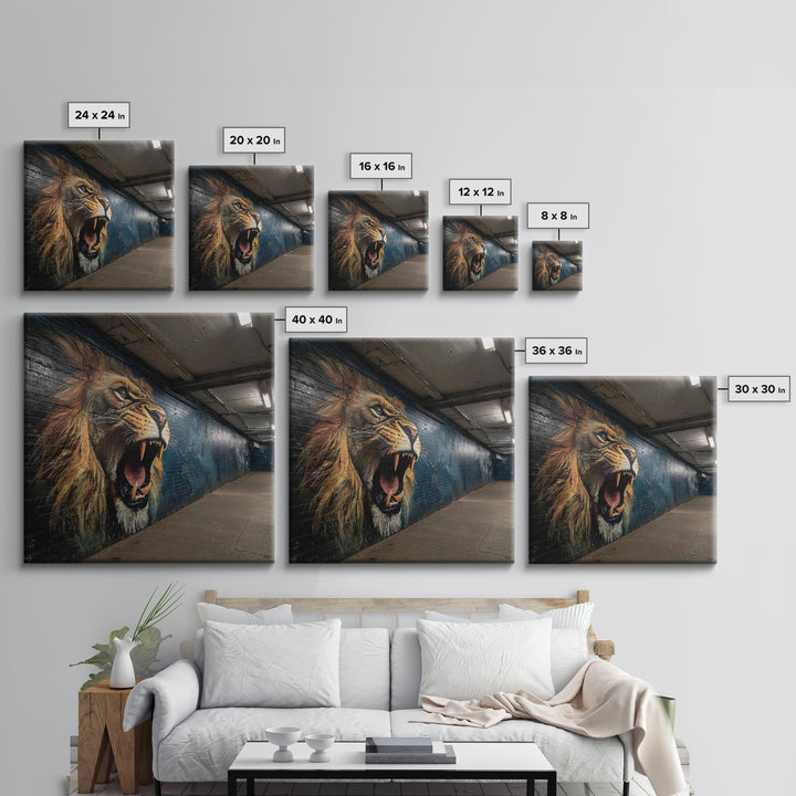 Roaring Lion Subway Mural Wall Art, Urban Graffiti Canvas, Big Cat Street Art Print, Bold Industrial Living Room Decor Gift
