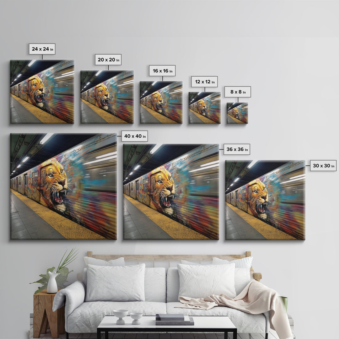 Roaring Lion Subway Train Canvas Print, Motion Blur Graffiti Wall Art, Big Cat Urban Street Decor For Modern Home Decor Gift