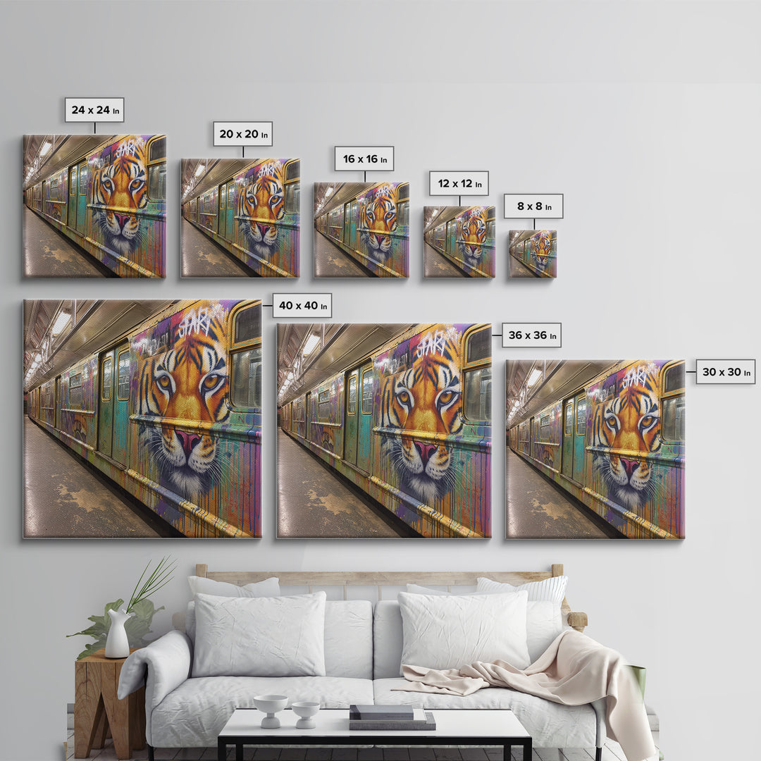 Tiger Face Graffiti Subway Train Canvas Print, Bold Urban Street Art For Maximalist Decor And Modern Wall Decor Gift Idea