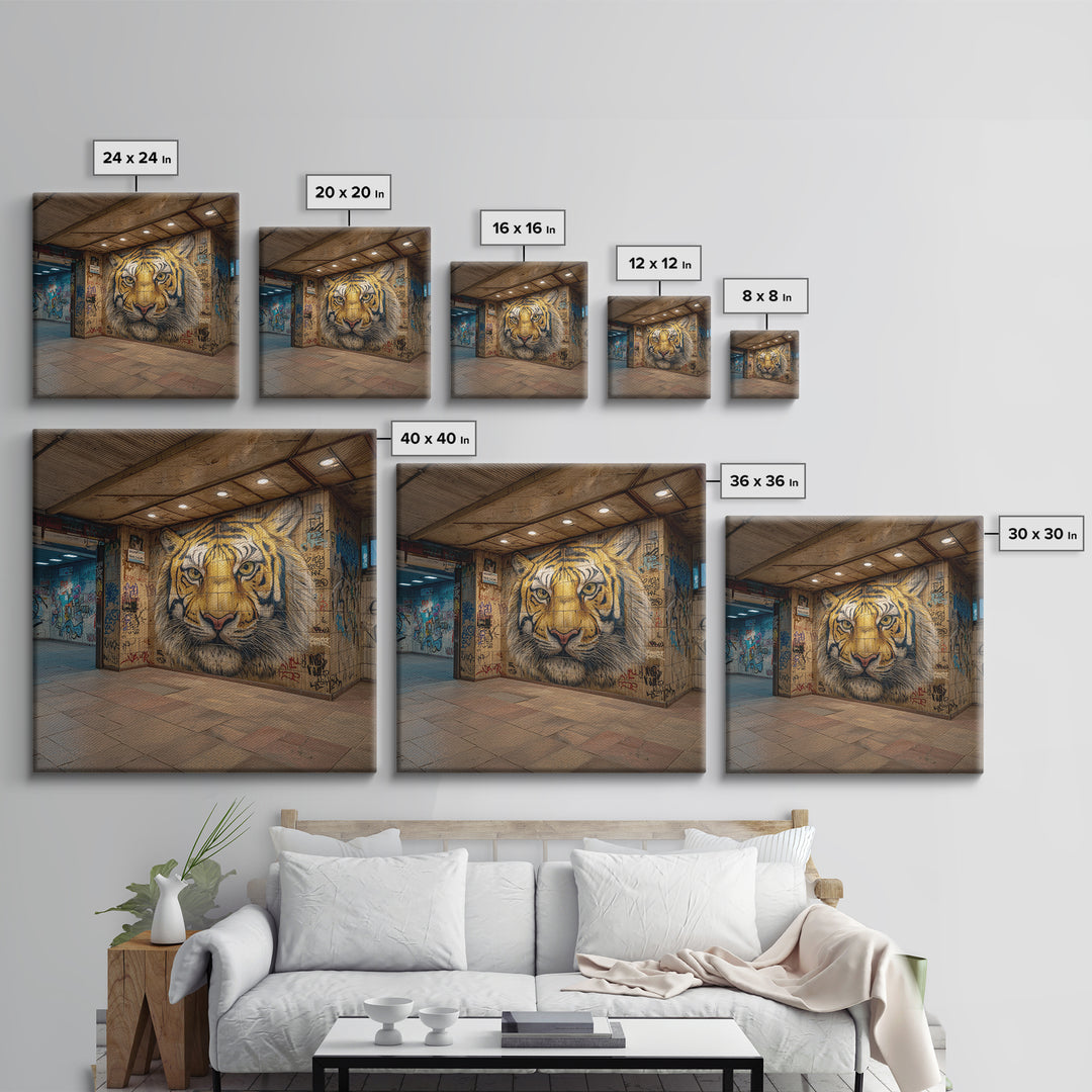 Urban Tiger Mural Subway Station Wall Art, Street Art Graffiti Canvas Print, Big Cat Decor, Bold Contemporary Gift For Him